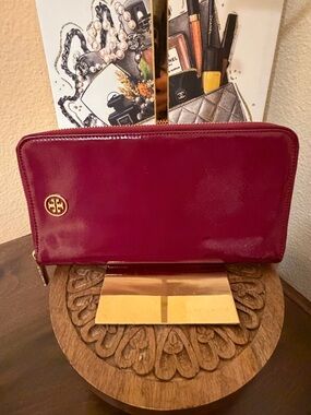 Tory Burch Burgundy Zip-Around Leather Clutch or Wallet with Gold Logo